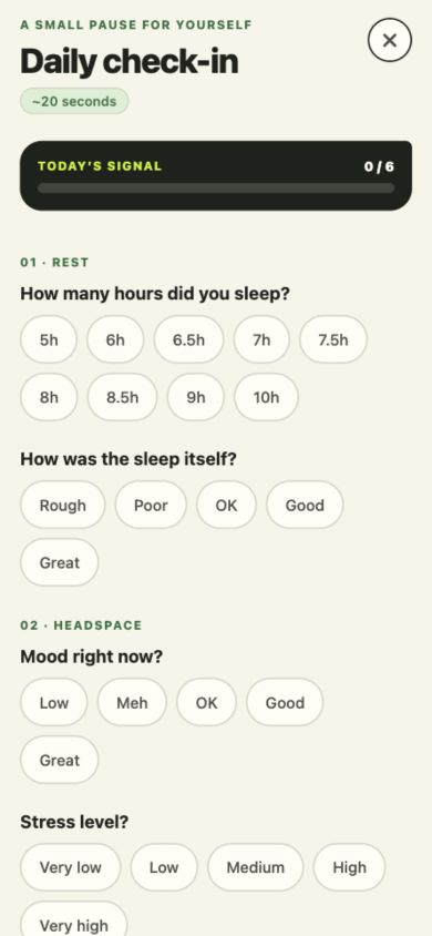 Daily check-in screen with quick-tap answers for sleep, mood and stress