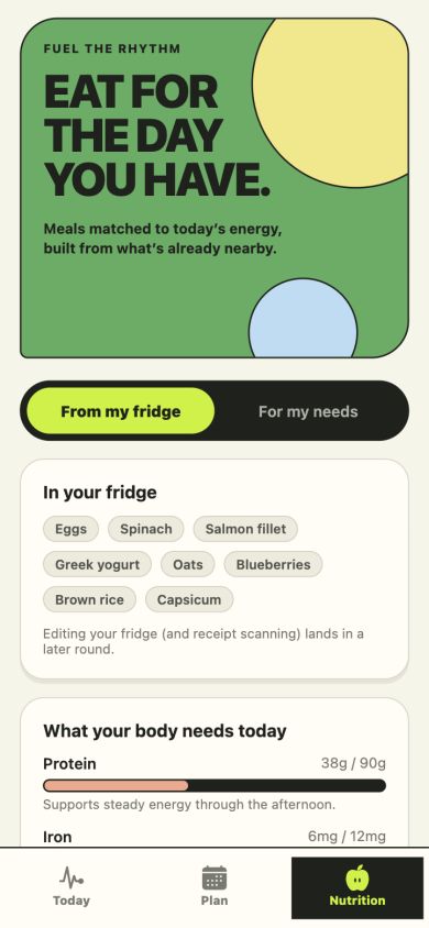 Nutrition screen matching meals to today's needs from your own fridge